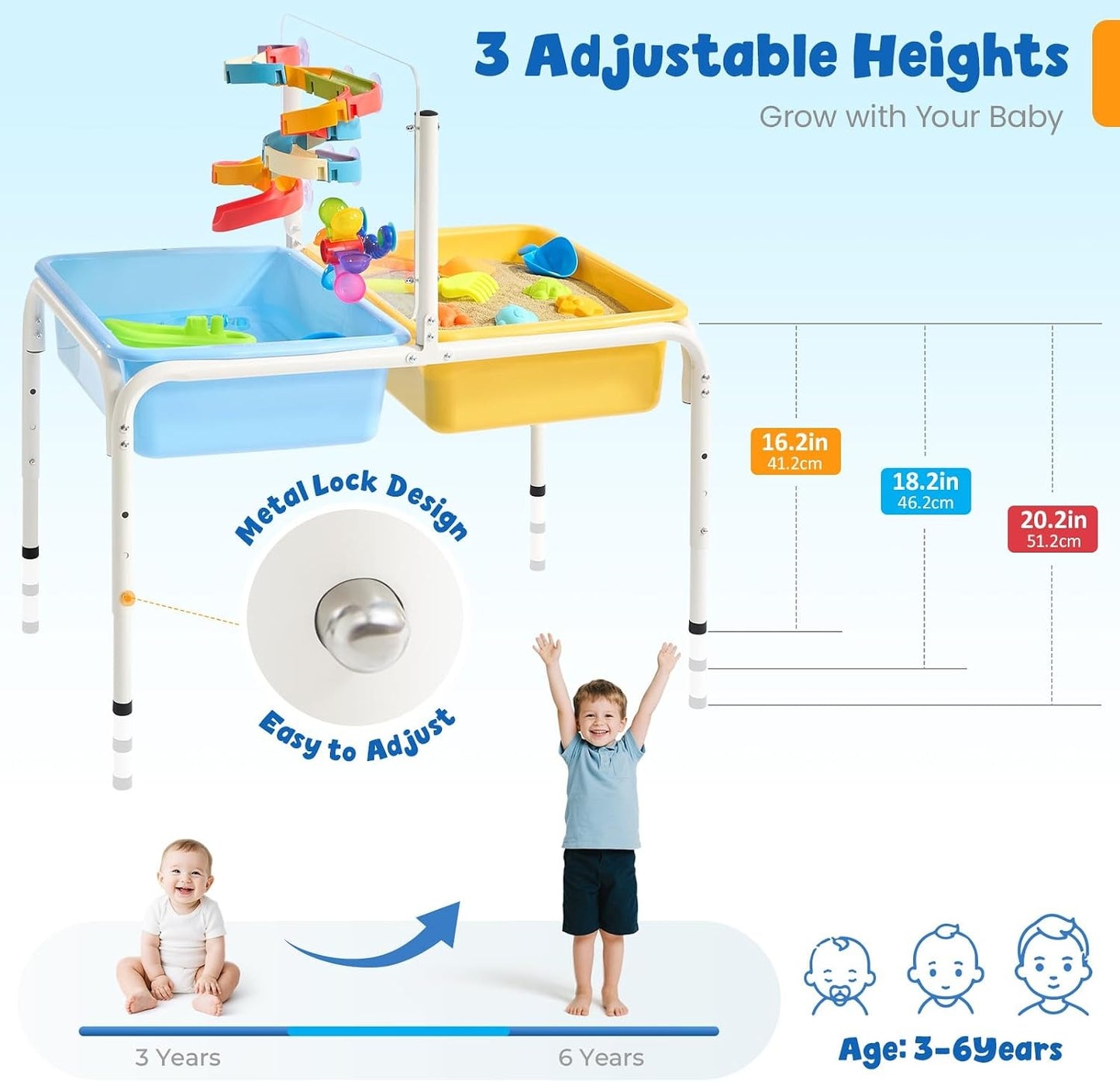 FUNLIO Sand and Water Table, 3 - Level Height Adjustable for Kids 3-6 Years