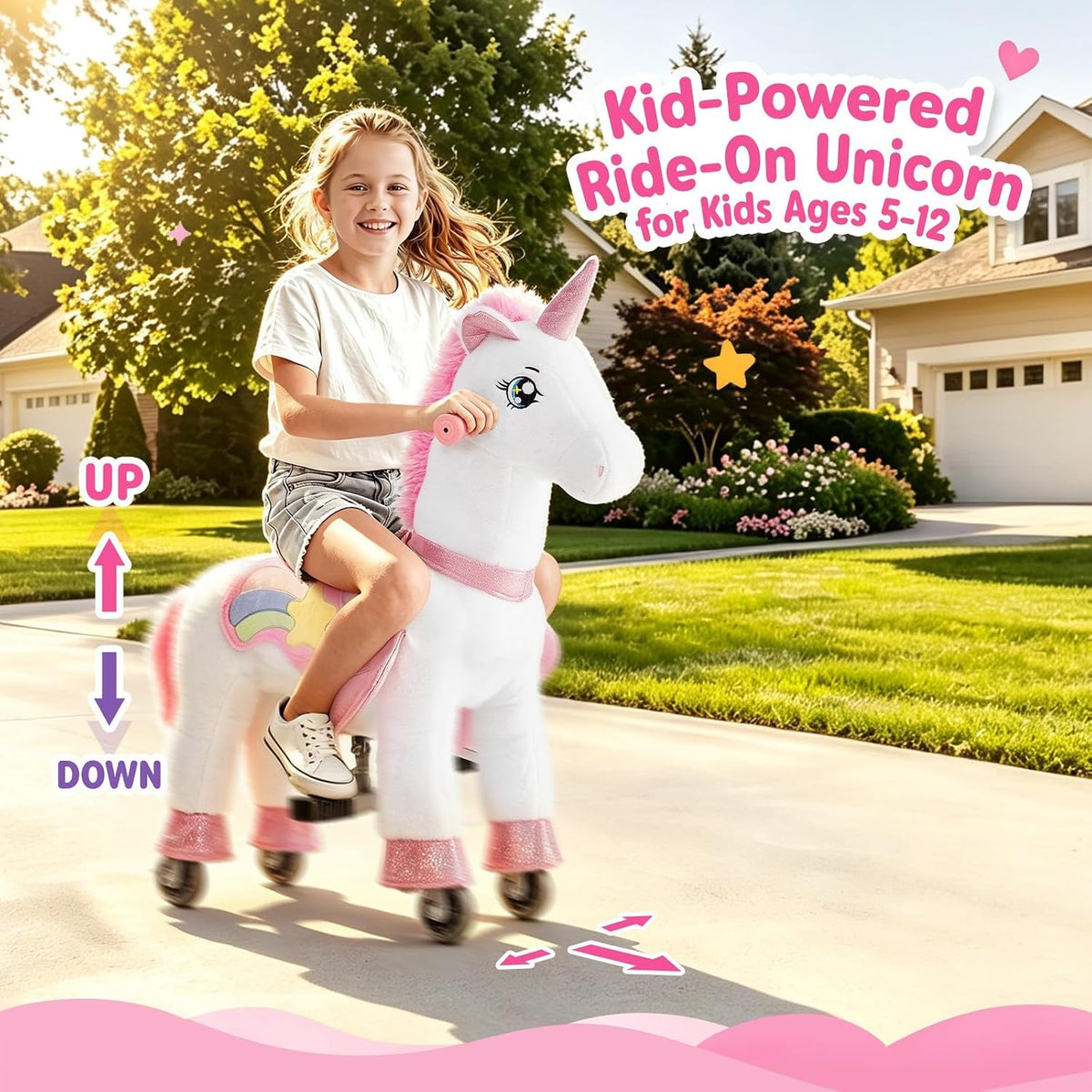 FUNLIO Ride on Unicorn Horse for Kids 5-12, Plush Ride-On Toys with Wheels for Indoor & Outdoor Play, Easy to Assemble, CPC & CE Certified-Large