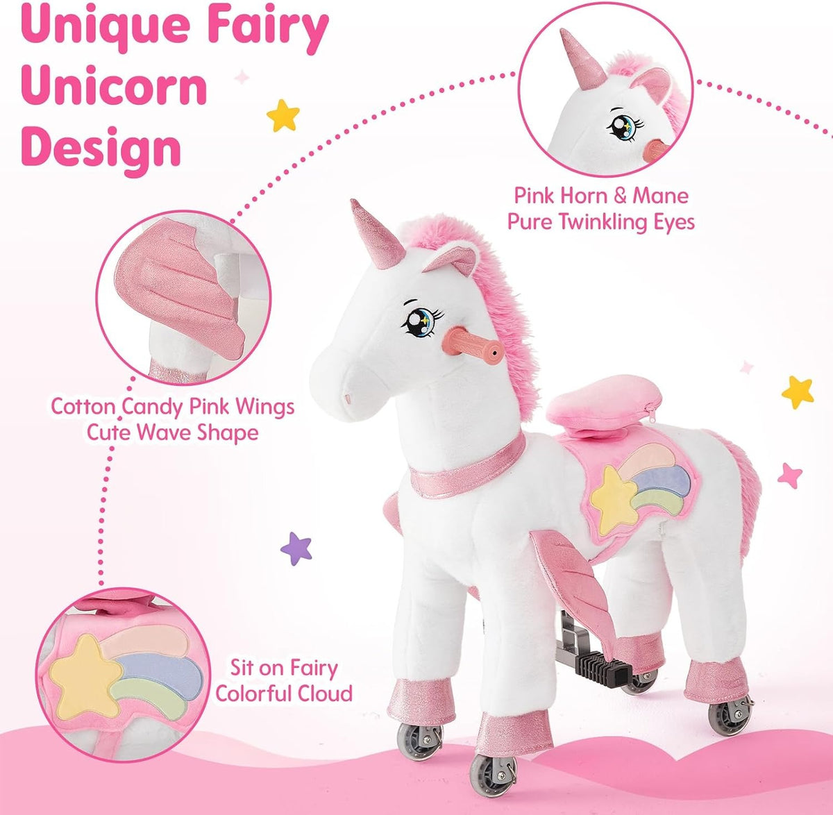 FUNLIO Ride on Unicorn Horse for Kids 5-12, Plush Ride-On Toys with Wheels for Indoor & Outdoor Play, Easy to Assemble, CPC & CE Certified-Large