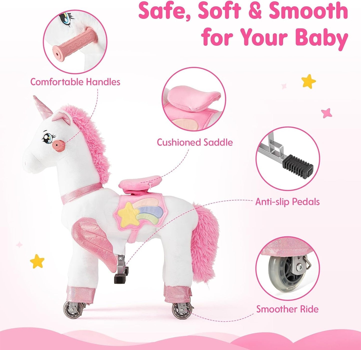 FUNLIO Ride on Unicorn Horse for Kids 5-12, Plush Ride-On Toys with Wheels for Indoor & Outdoor Play, Easy to Assemble, CPC & CE Certified-Large