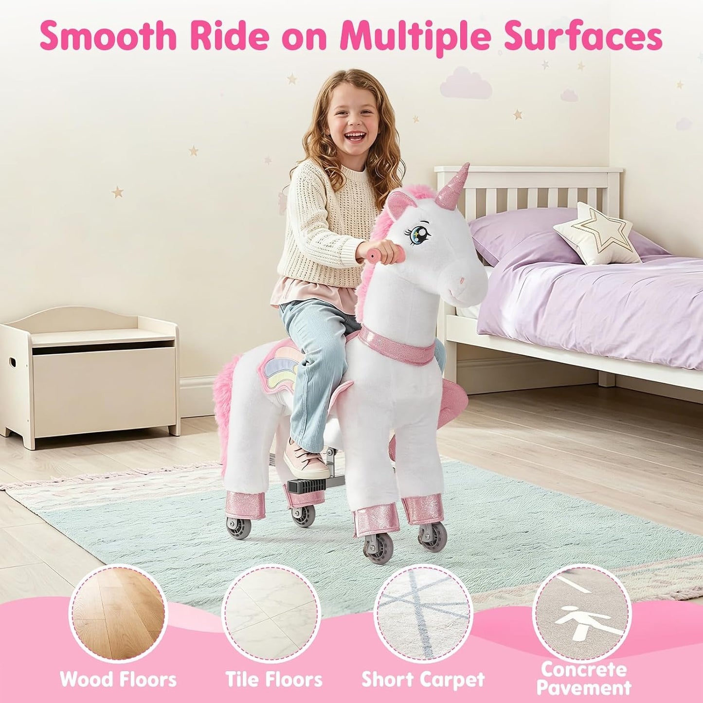 FUNLIO Ride on Unicorn Horse for Kids 5-12, Plush Ride-On Toys with Wheels for Indoor & Outdoor Play, Easy to Assemble, CPC & CE Certified-Large