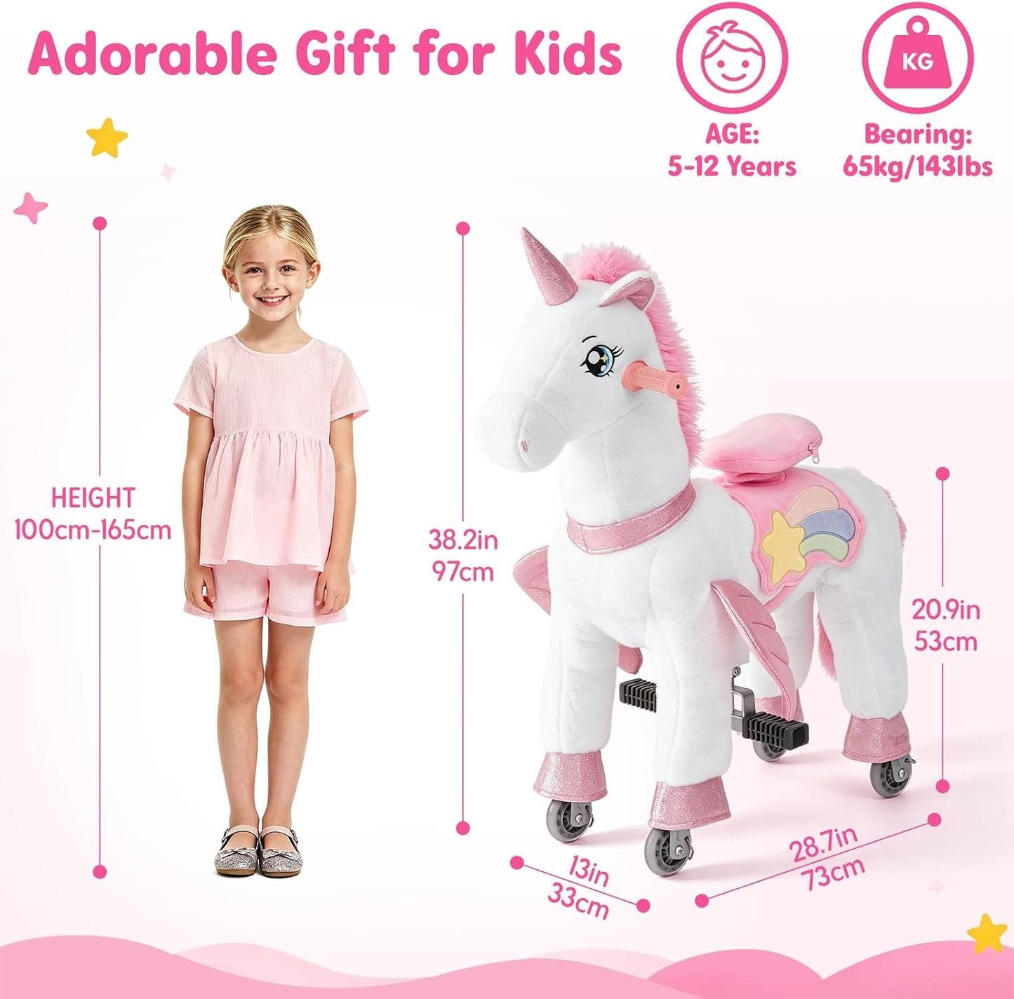 FUNLIO Ride on Unicorn Horse for Kids 5-12, Plush Ride-On Toys with Wheels for Indoor & Outdoor Play, Easy to Assemble, CPC & CE Certified-Large