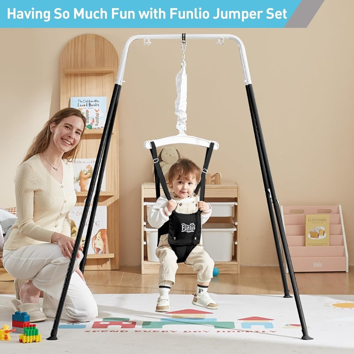 FUNLIO Baby Jumper with Stand for 6-24 Months, Infant Jumper for Indoor/Outdoor Play- Black