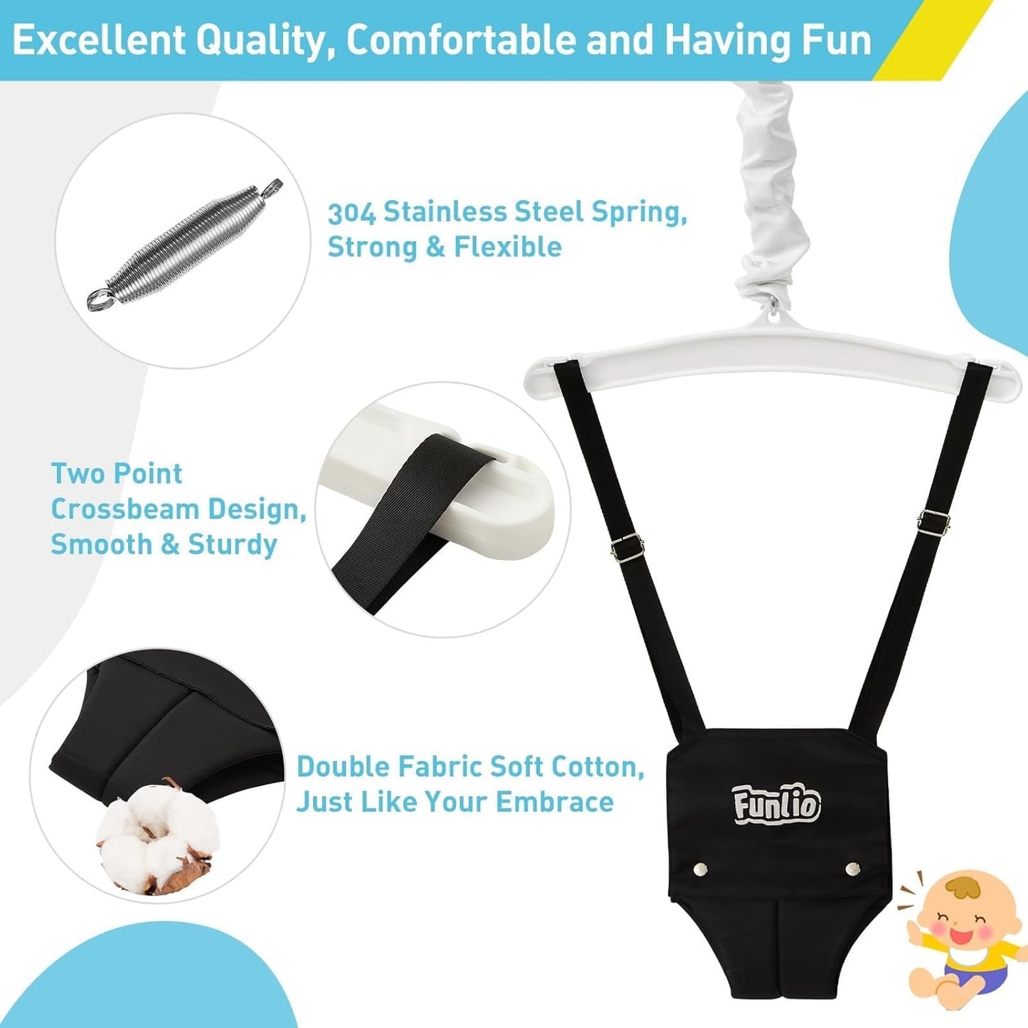 FUNLIO Baby Jumper with Stand for 6-24 Months, Infant Jumper for Indoor/Outdoor Play- Black