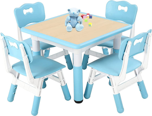 FUNLIO Kids Table and 4 Chairs Set, Height Adjustable Toddler Table and Chair Set - Blue