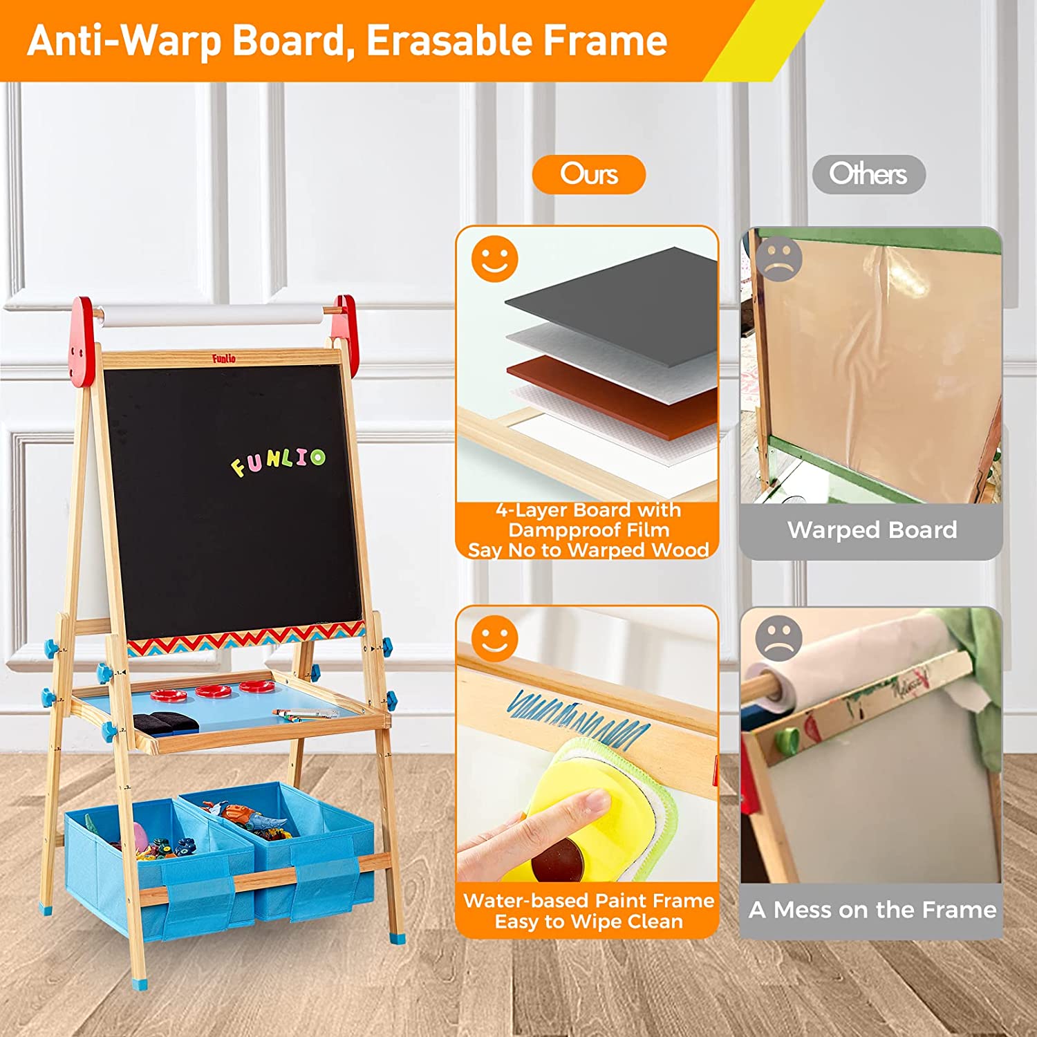 Wooden Easel for Kids 3 in 1 Kids Easel with Paper Roll Adjustable Height Art Easel Chalkboard & Whiteboard Drawing Easel for Kids Toddlers.