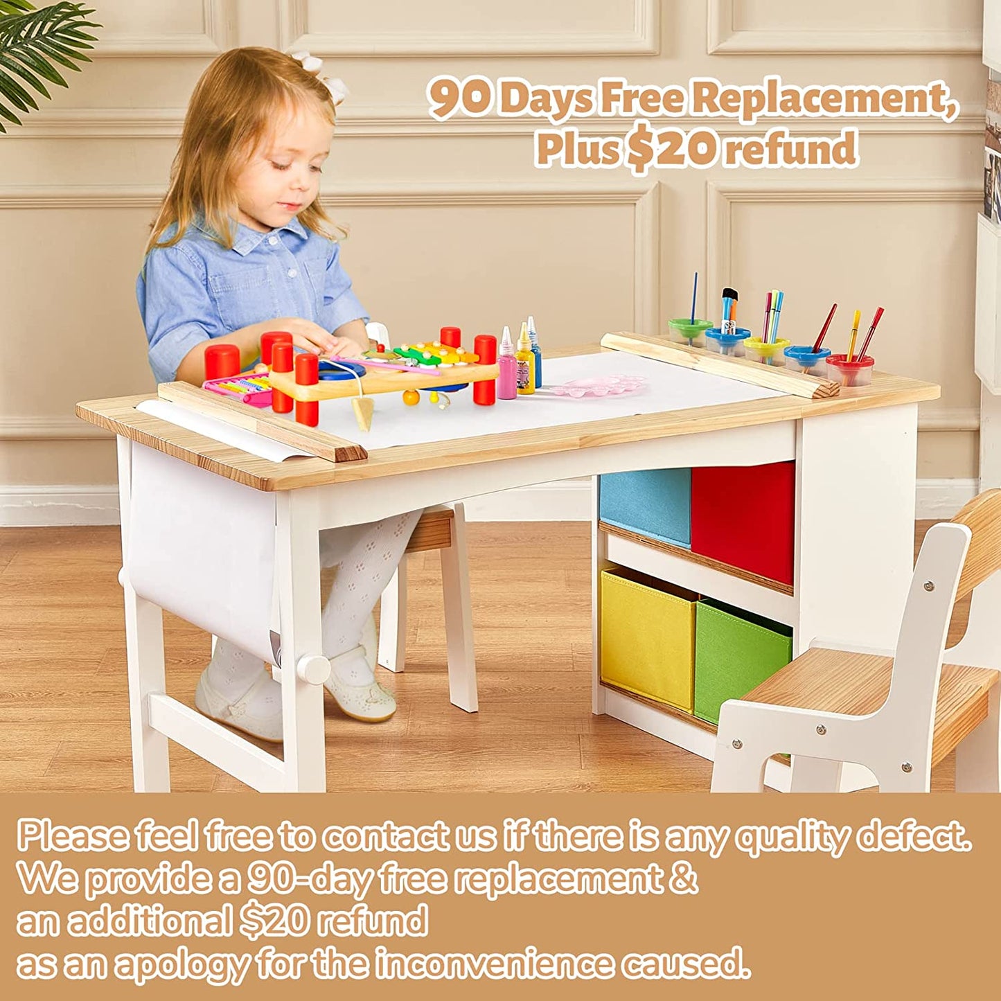 FUNLIO Wooden Kids Art Table & 2 Chairs Set (for Ages 3-8)