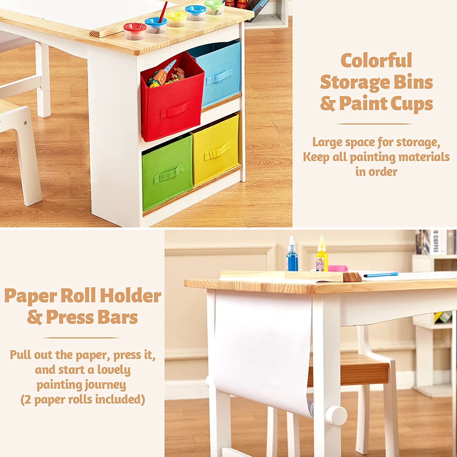 2-in-1 Kids Wooden Art Table and Art Easel Set with Chairs Storage Bins  Paper Roll
