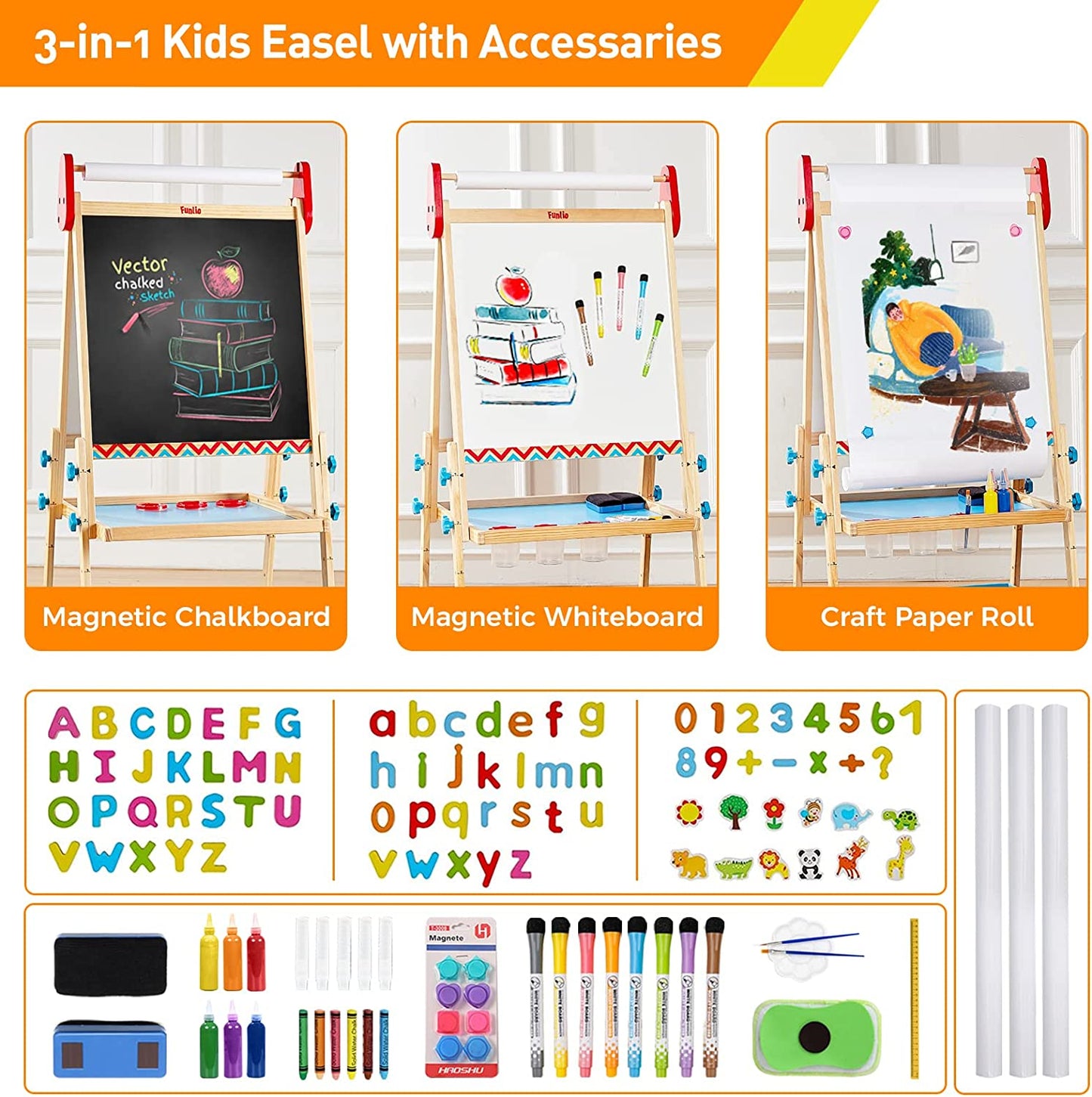 FUNLIO Kids Art Easel, 3 Height Adjustable for Kids Aged 2-8