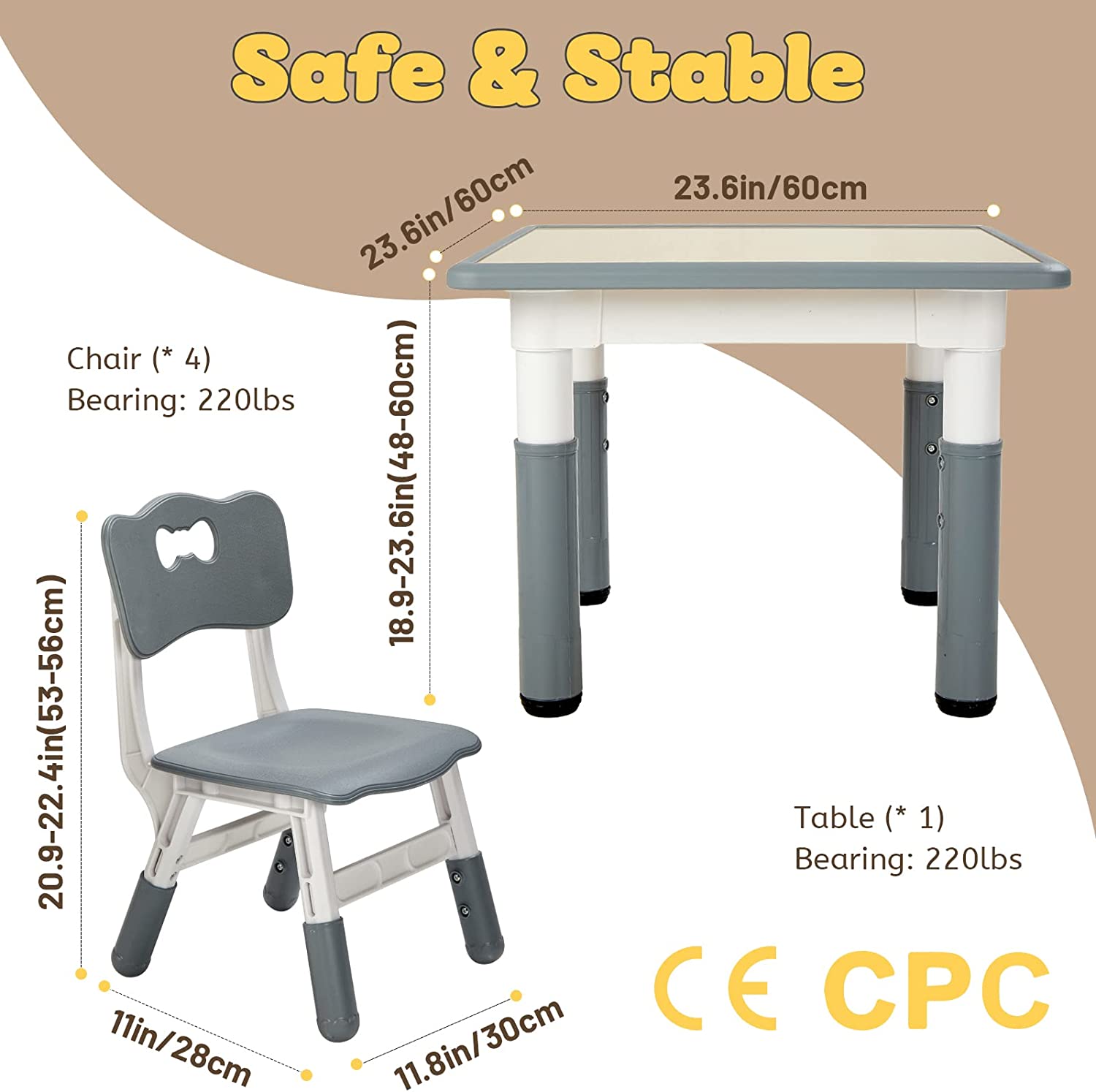 Adjustable Height Kids Study Desk and Chair Set Gray