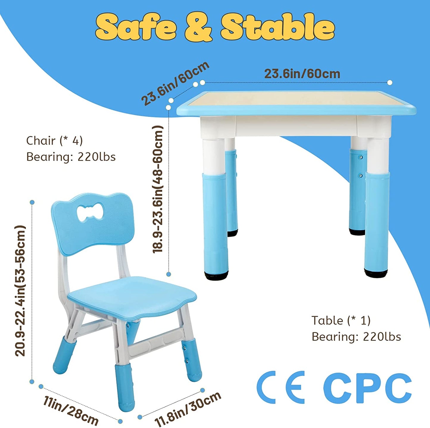 FUNLIO Kids Table and 4 Chairs Set, Height Adjustable Toddler Table and Chair Set - Blue